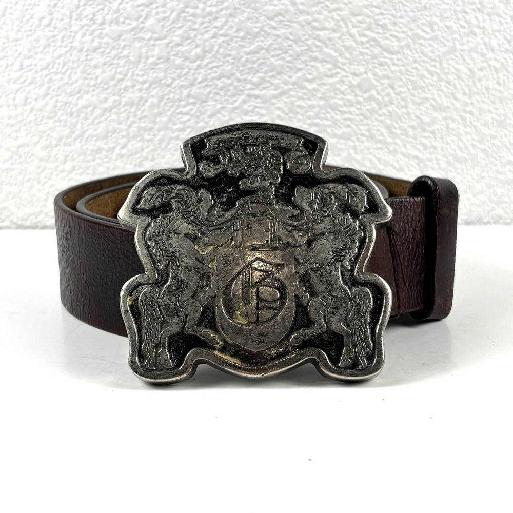 Vintage Horse Crest Large Buckle Belt Mens 32 Brown Leather Silver Tone Heraldic